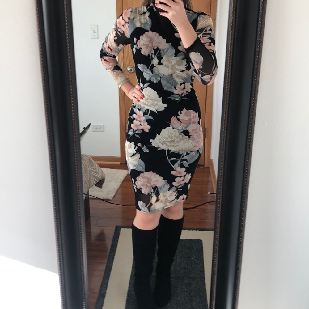 Black floral mesh midi